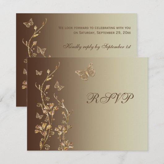 Amber, bruine Floral met Butterflies Reply Card RSVP Kaartje (Voorkant / Achterkant)