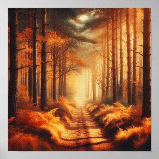 Amber Forest Path with Sunbeams – Autumn Poster  (Voorkant)