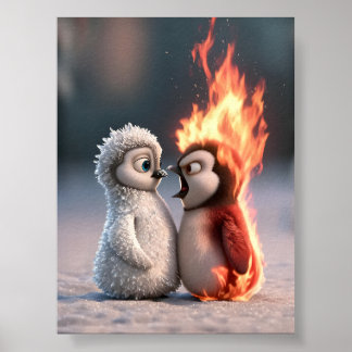 Amber & Frosty Fire and Ice Penguin Poster