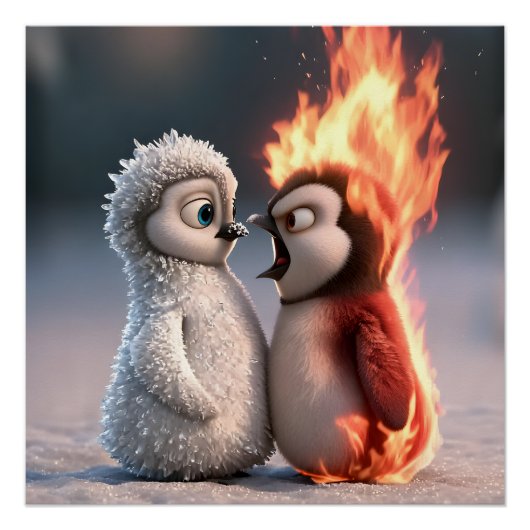 Amber & Frosty Fire and Ice Penguin Poster (Voorkant)