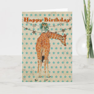 Amber Giraffe & Blauwgroen Uil Verjaardag Kaart