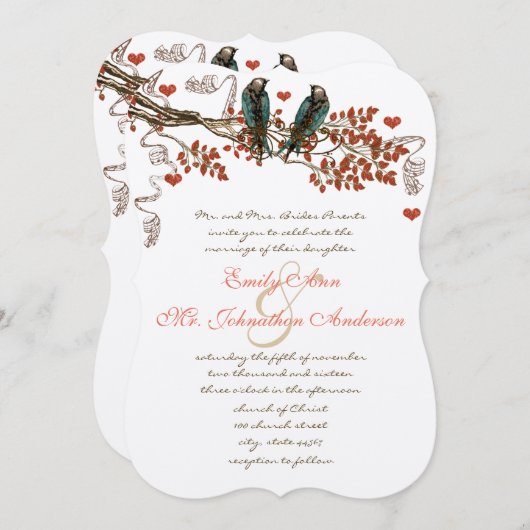 Amber Glow Fall Leaves  Bird Wedding Invite Kaart (Voorkant / Achterkant)