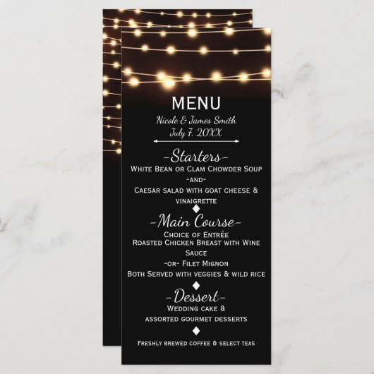 Amber Glow String Lights Elegant Wedding Menu (Voorkant / Achterkant)