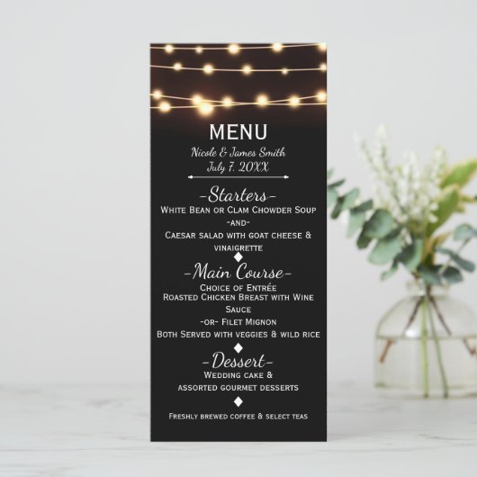 Amber Glow String Lights Elegant Wedding Menu (Staand voorkant)