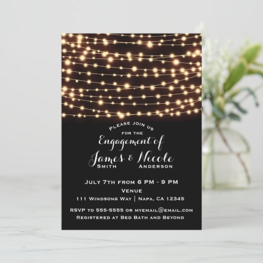 Amber Glow String Lights Rustieke Engagement Party Kaart (Staand voorkant)
