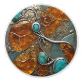 Amber kompas met turquoise punten & zilveren rand keramische knop (Voorkant)