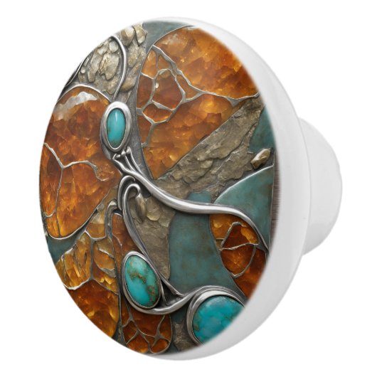 Amber kompas met turquoise punten & zilveren rand keramische knop (Rechts)