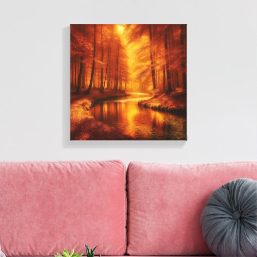 Amber Light Over Serene Autumn Forest River Canvas Afdruk (Insitu (Woonkamer))