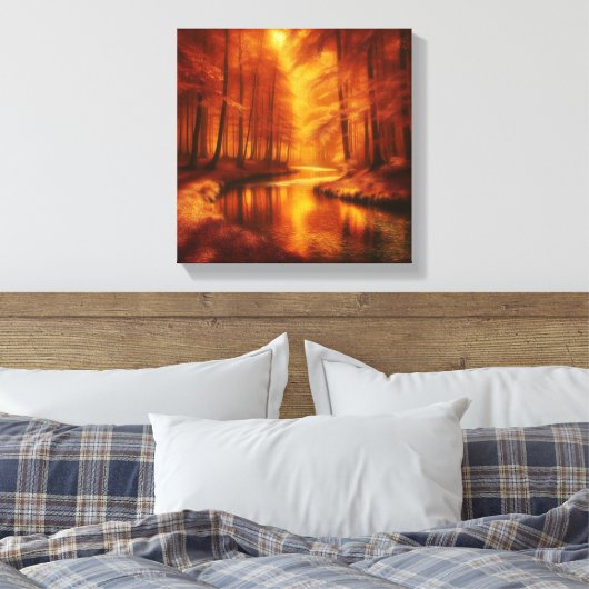Amber Light Over Serene Autumn Forest River Canvas Afdruk (Insitu (Slaapkamer))
