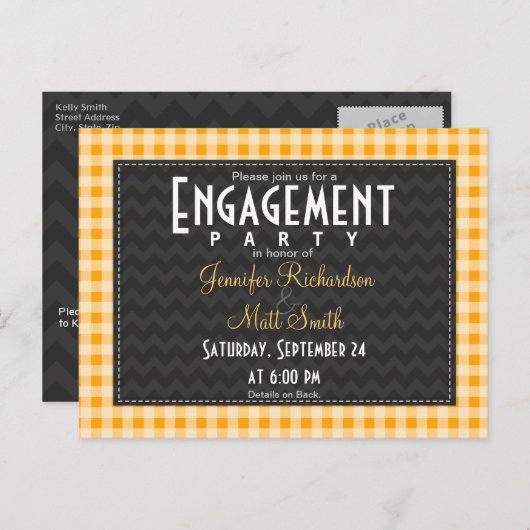 Amber Oranje Gingham Engagement Party Uitnodiging Briefkaart (Voorkant / Achterkant)