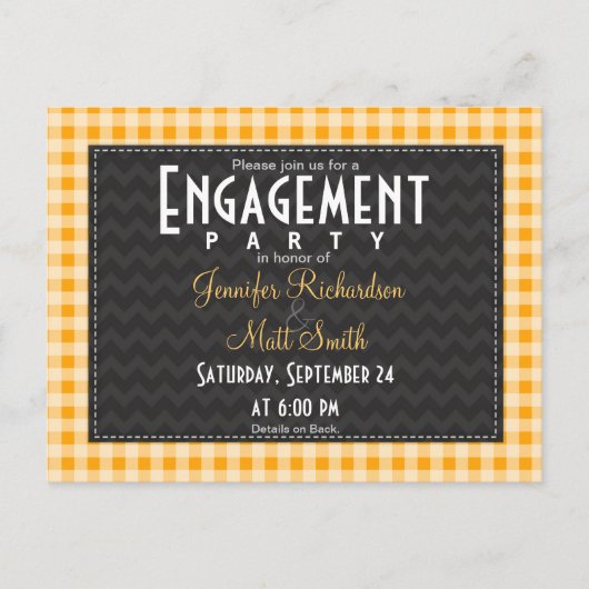 Amber Oranje Gingham Engagement Party Uitnodiging Briefkaart (Voorkant)