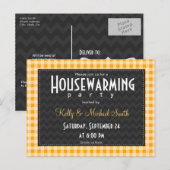 Amber Oranje Gingham housewarming party Uitnodiging Briefkaart (Voorkant / Achterkant)