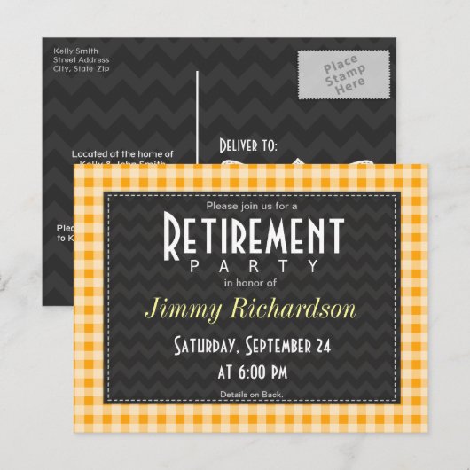 Amber Oranje Gingham Retirement Party Uitnodiging Briefkaart (Voorkant / Achterkant)
