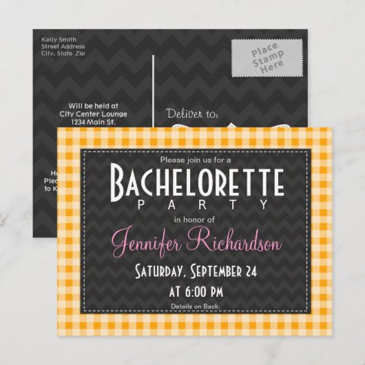 Amber Oranje Gingham vrijgezellenfeest uitnodiging (Voorkant / Achterkant)