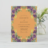 Amber Paarse Ranunculus Stof Eucalyptus Bruiloft Kaart (Staand voorkant)