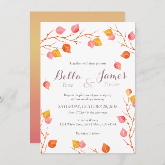 Amber Sky Autumn Leafs Fall Wedding Invitations Kaart (Voorkant / Achterkant)