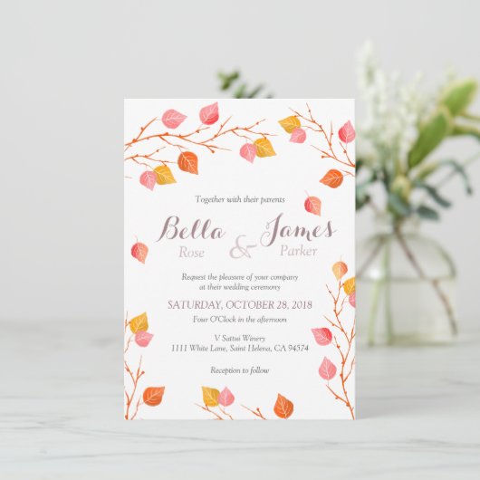 Amber Sky Autumn Leafs Fall Wedding Invitations Kaart (Staand voorkant)