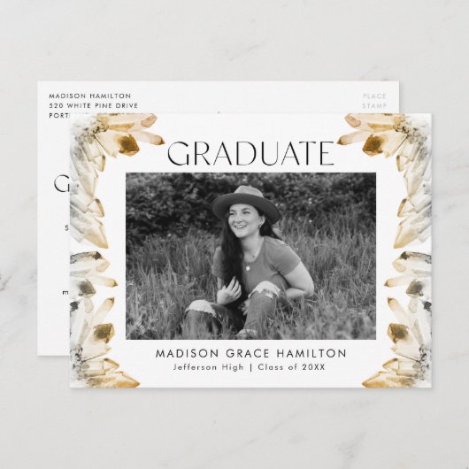 Amber Waterverf Crystal Photo Graduparty Uitnodiging Briefkaart (Voorkant / Achterkant)