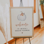 AMBER White Pumpkin Herfst Vrijgezellenfeest Welko Poster<br><div class="desc">Dit vrijgezellenfeest-welkomstbord is voorzien van een witte waterverf pompoen met perzikachtige oranje florale accenten en een moderne minimalistische structuur. Geef de meeste formulering uit om aan de behoeften van uw gebeurtenis te voldoen. Dit poster van baby shower is perfect voor uw herfst het thema gebeurtenis.</div>