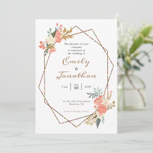 Ambrose Koraal Bloemig Geometrisch Frame Bruiloft Kaart (Staand voorkant)