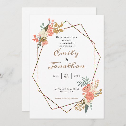 Ambrose Koraal Bloemig Geometrisch Frame Bruiloft Kaart (Voorkant / Achterkant)