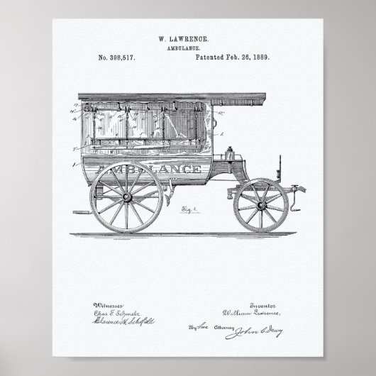Ambulance 1889 Patent Art Witboek Poster (Voorkant)