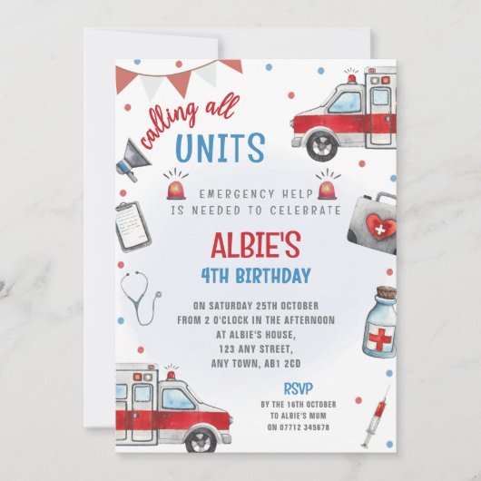 Ambulance Birthday Invite First Responder Medic Kaart (Voorkant)
