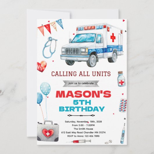 Ambulance party theme invitation kaart (Voorkant)