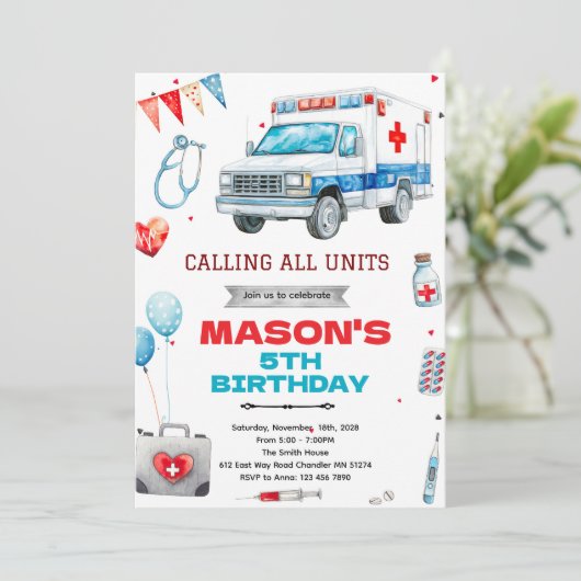 Ambulance party theme invitation kaart (Staand voorkant)