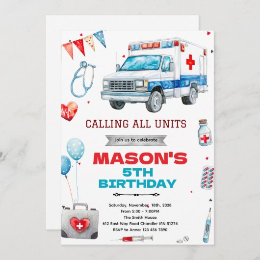 Ambulance party theme invitation kaart (Voorkant / Achterkant)