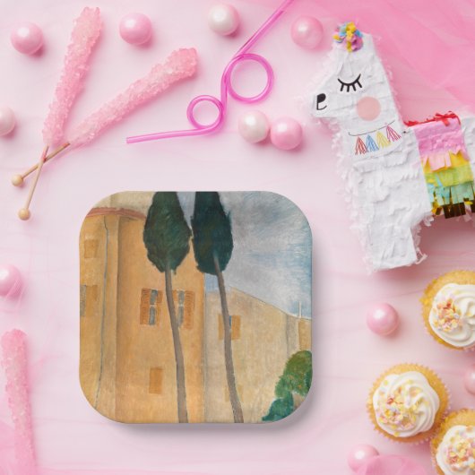 Amedeo Modigliani - Cypresses en Huizen in Cagnes Papieren Bordje (Feest)