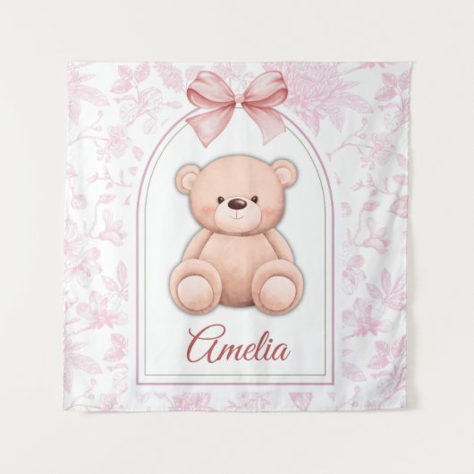 Amelia | Aangepaste Roze Teddybeer-kinderkamerontw Wandkleed (Voorkant)