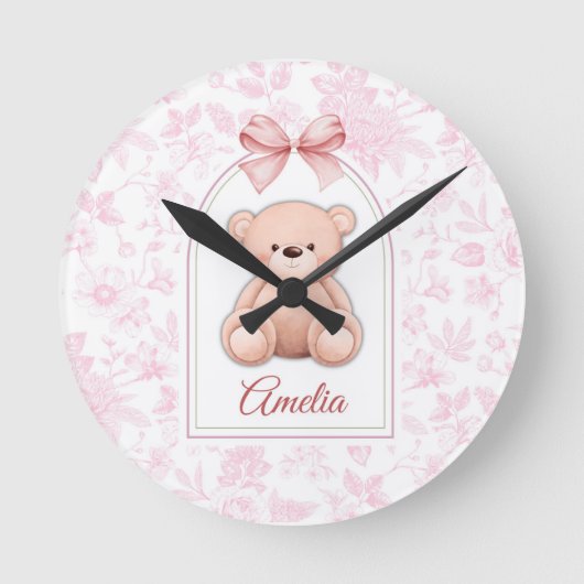 Amelia | Aangepaste Roze Teddybeer Nursery Design Ronde Klok (Voorkant)