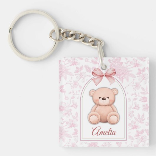 Amelia | Aangepaste Roze Teddybeer Nursery Design Sleutelhanger (voorkant)