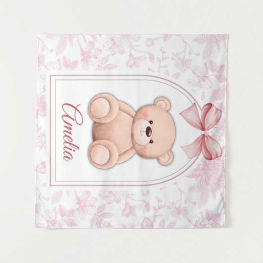 Amelia | Aangepaste Roze Teddybeer Nursery Design Wandkleed (Voorkant (horizontaal))