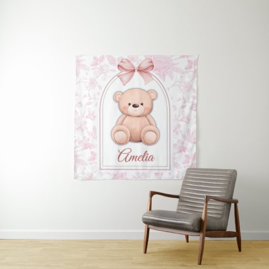 Amelia | Aangepaste Roze Teddybeer Nursery Design Wandkleed (In situ)