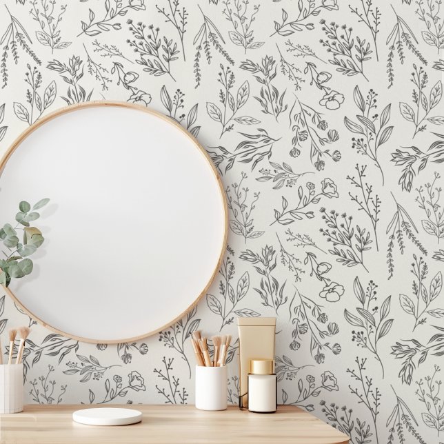 AMELIA Bloemen Boho Botanische Bloem Crème en Grij Behang (AMELIA Floral Boho Botanical Flower Cream and Gray Wallpaper)