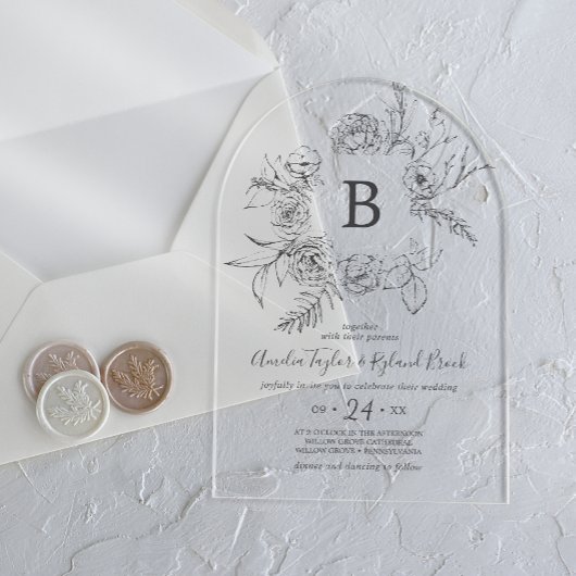 AMELIA Boho Arch Botanisch Monogram Bloemen Huweli Acryl Uitnodigingen