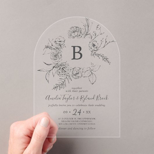 AMELIA Boho Arch Botanisch Monogram Bloemen Huweli Acryl Uitnodigingen (Insitu (Draagbaar))