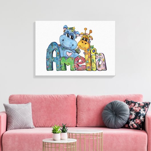 Amelia Canvas Name Art Giraffe Hippo Bedroom Decor (Insitu (Woonkamer))