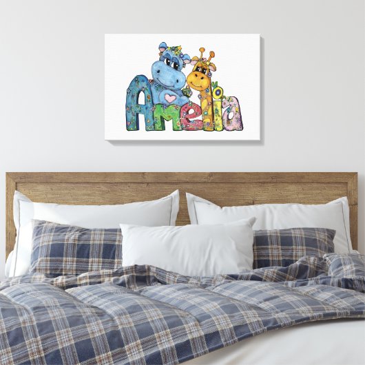 Amelia Canvas Name Art Giraffe Hippo Bedroom Decor (Insitu (Slaapkamer))