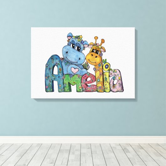 Amelia Canvas Name Art Giraffe Hippo Bedroom Decor (Insitu (Houten vloer))