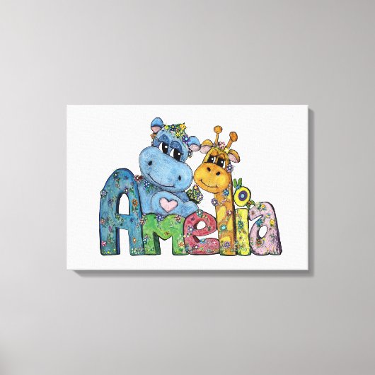 Amelia Canvas Name Art Giraffe Hippo Bedroom Decor (Voorkant)