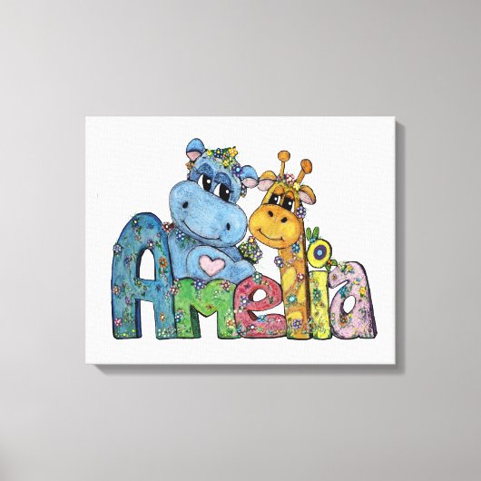 Amelia Canvas Name Art Giraffe Hippo Bedroom Decor Afdruk (Voorkant)