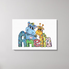 Amelia Canvas Name Art Giraffe Hippo Bedroom Decor Afdruk