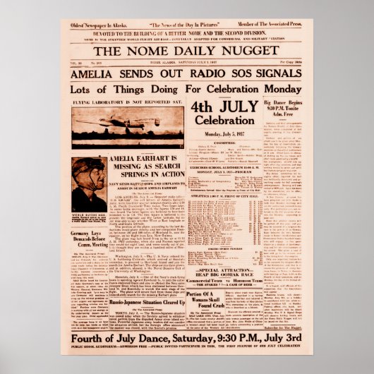 Amelia Earhart Ontbrekend Full Page Newspaper 1937 Poster (Voorkant)
