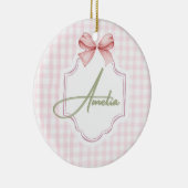 Amelia gepersonaliseerde roze strik & gingham prin keramisch ornament (Rechts)