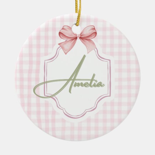 Amelia gepersonaliseerde roze strik & gingham prin keramisch ornament (Voorkant)