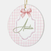 Amelia gepersonaliseerde roze strik & gingham prin keramisch ornament (Links)