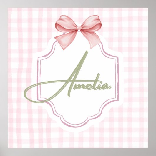 Amelia gepersonaliseerde roze strik & gingham prin poster (Voorkant)